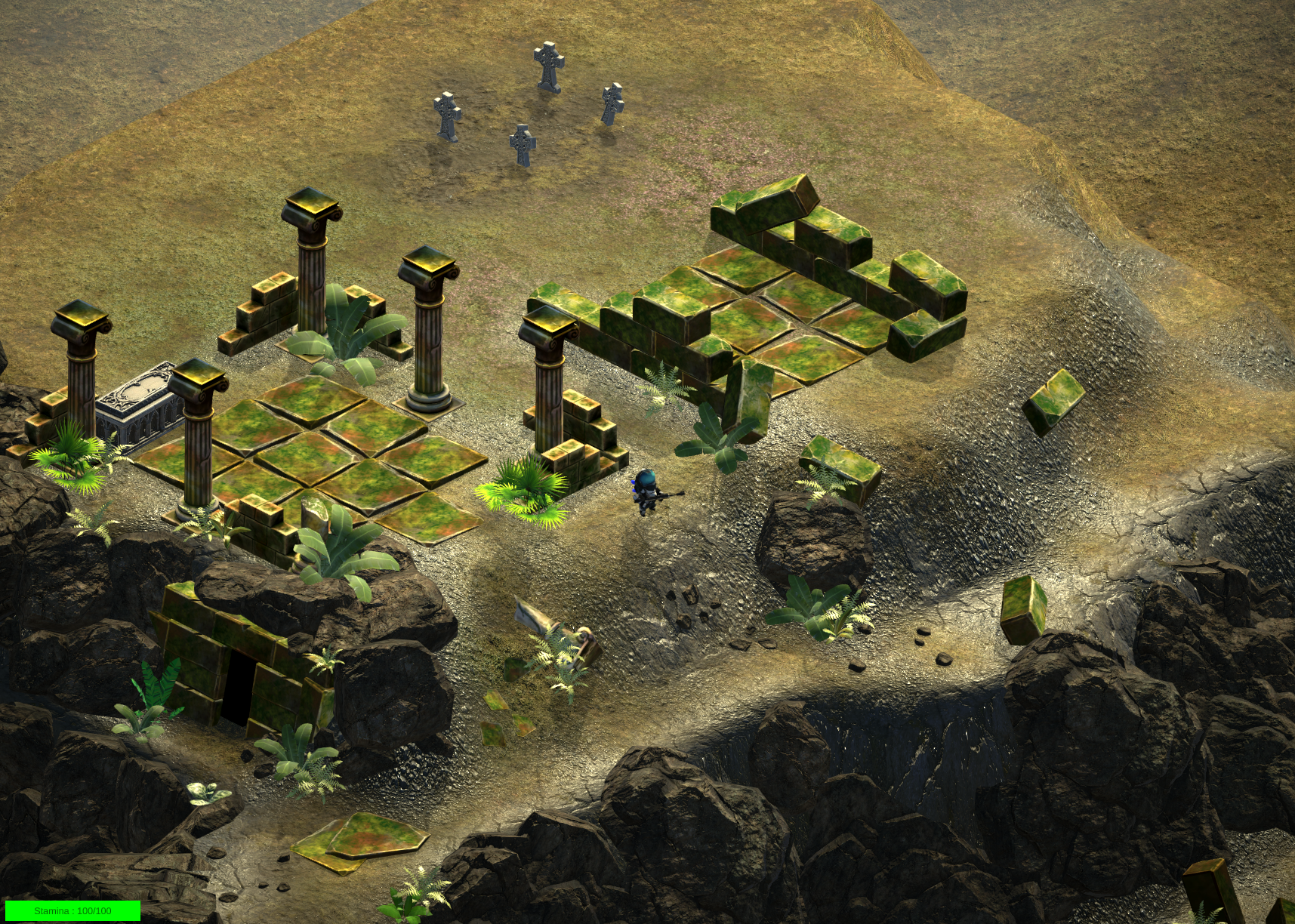 Vue en jeu — exploration de ruines antiques